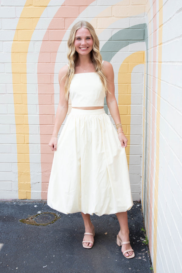 Ainsley Back Tie Top & Bubble Skirt Set, White/Yellow Stripe