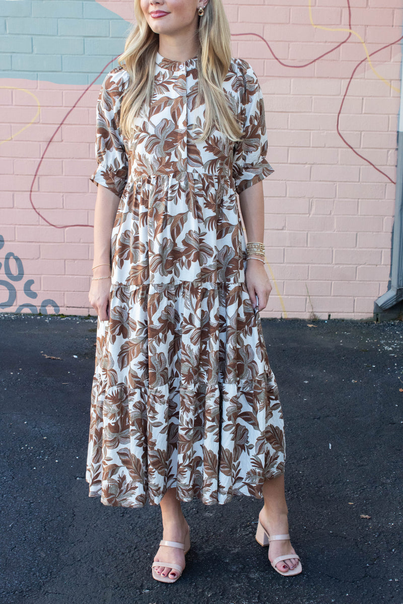 Annie Printed Button Neck Midi Dress, Brown Mix