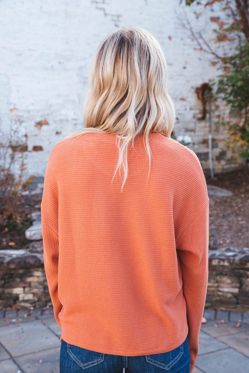 Layla Drop Shoulder Ribbed Long Sleeve Top, Baked Clay
