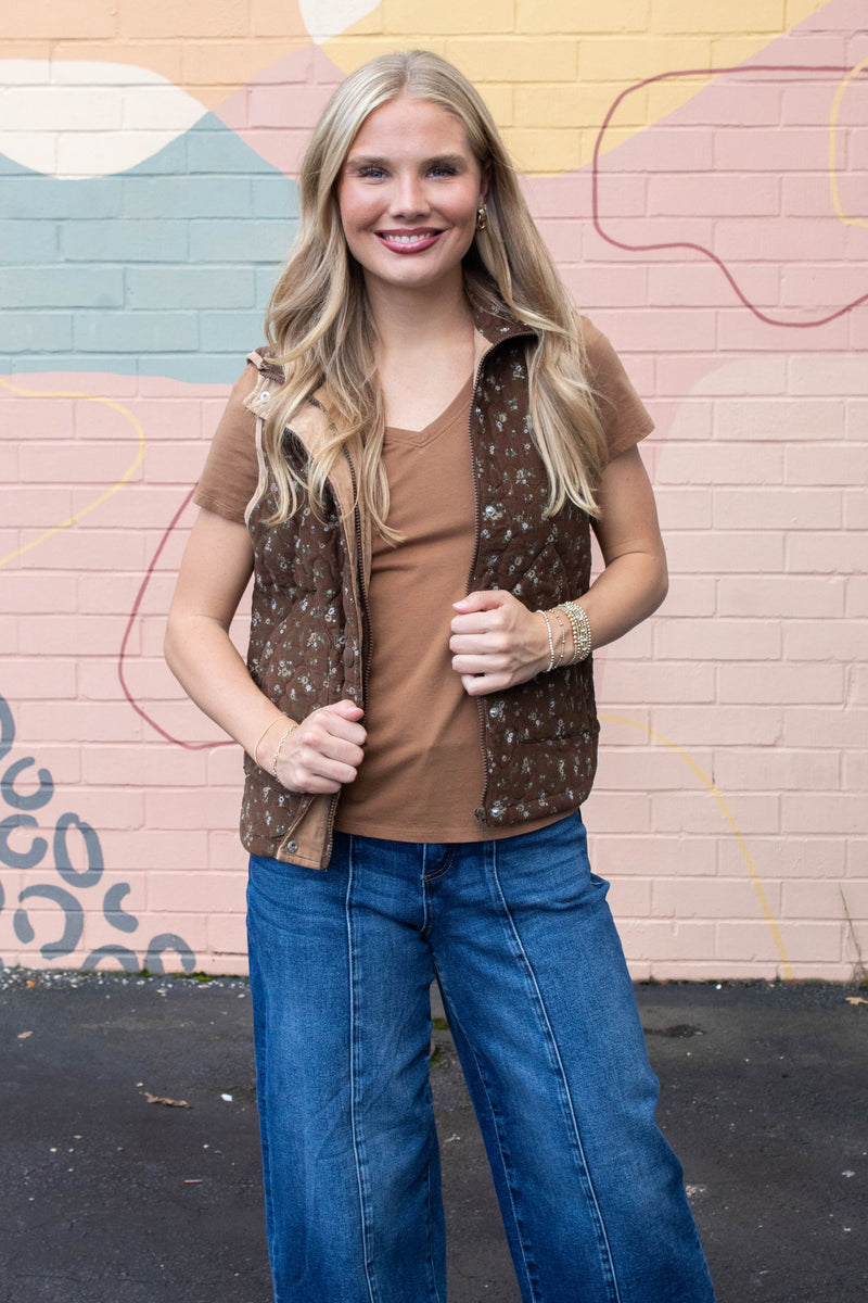 Lia Floral Quilted Puffer Vest, Brown Multi