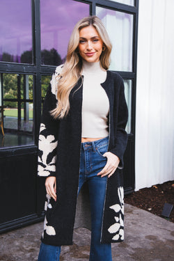 Viola Floral Woven Cardigan, Black