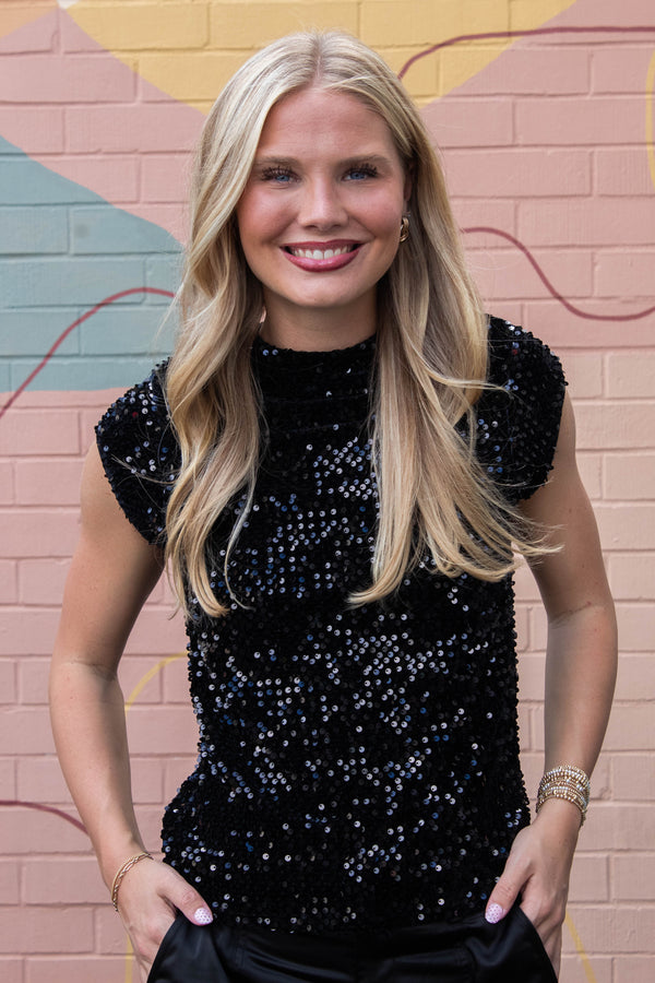 Funnel Neck Sequin Top, Black | Sanctuary