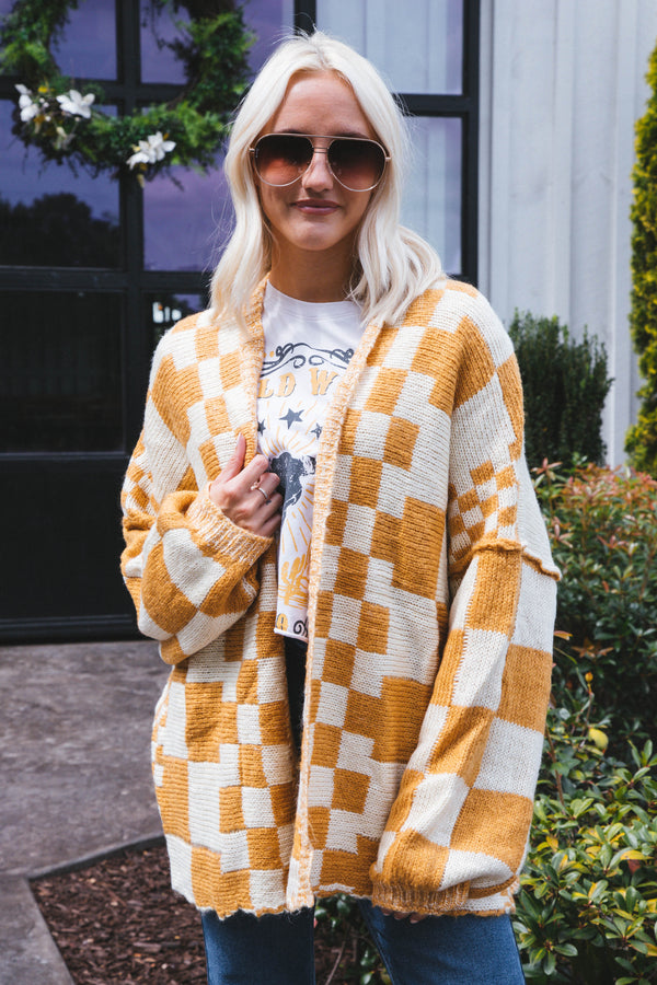 Kenai Checkered Pattern Cardigan, Mustard