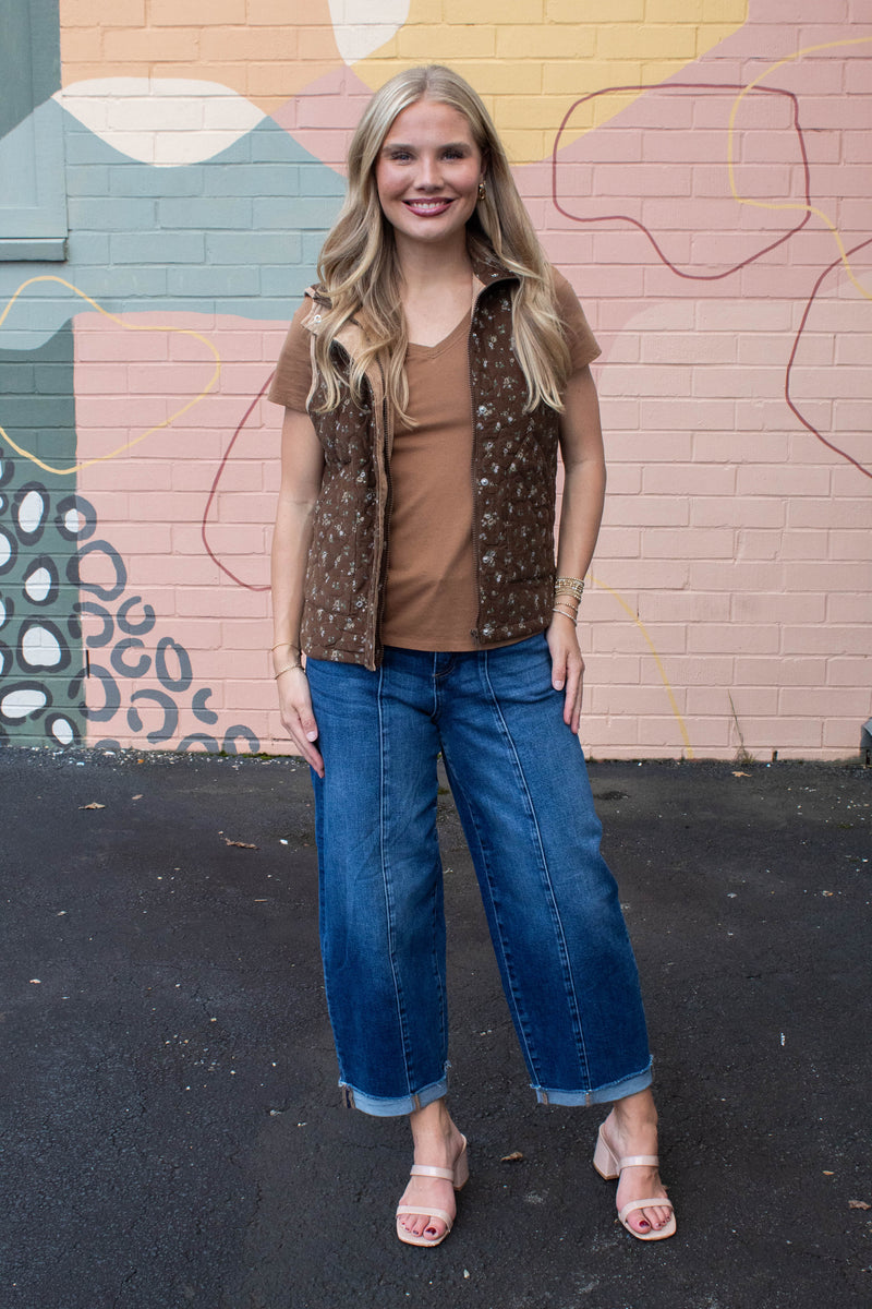 Lia Floral Quilted Puffer Vest, Brown Multi