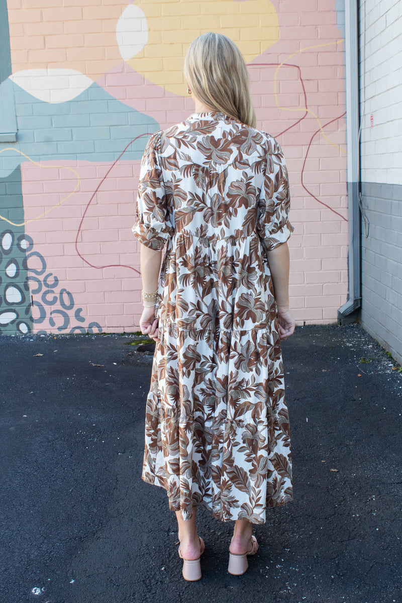Annie Printed Button Neck Midi Dress, Brown Mix
