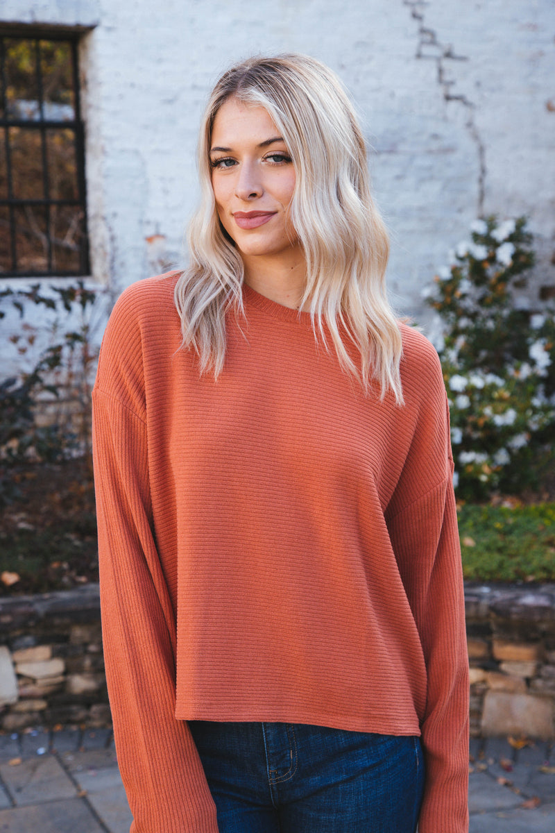 Layla Drop Shoulder Ribbed Long Sleeve Top, Baked Clay