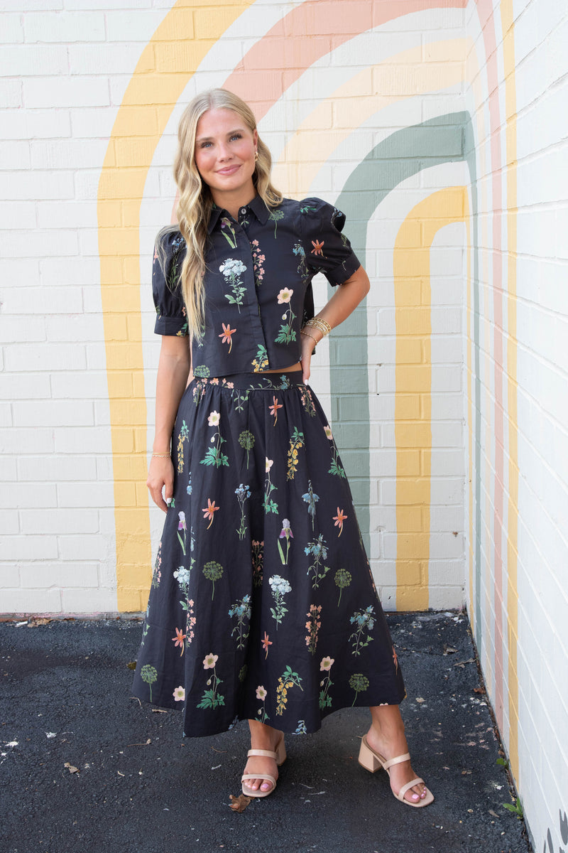 Evelyn Floral Print Midi Skirt, Black