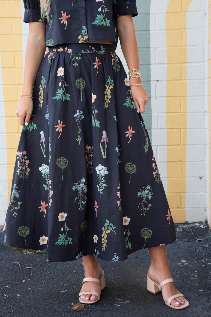 Evelyn Floral Print Midi Skirt, Black