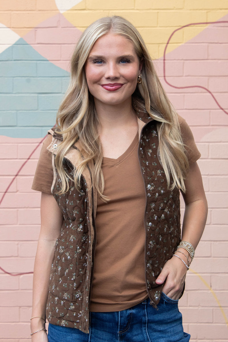 Tatum Cotton Jersey V-Neck Tee, Bronze Brown