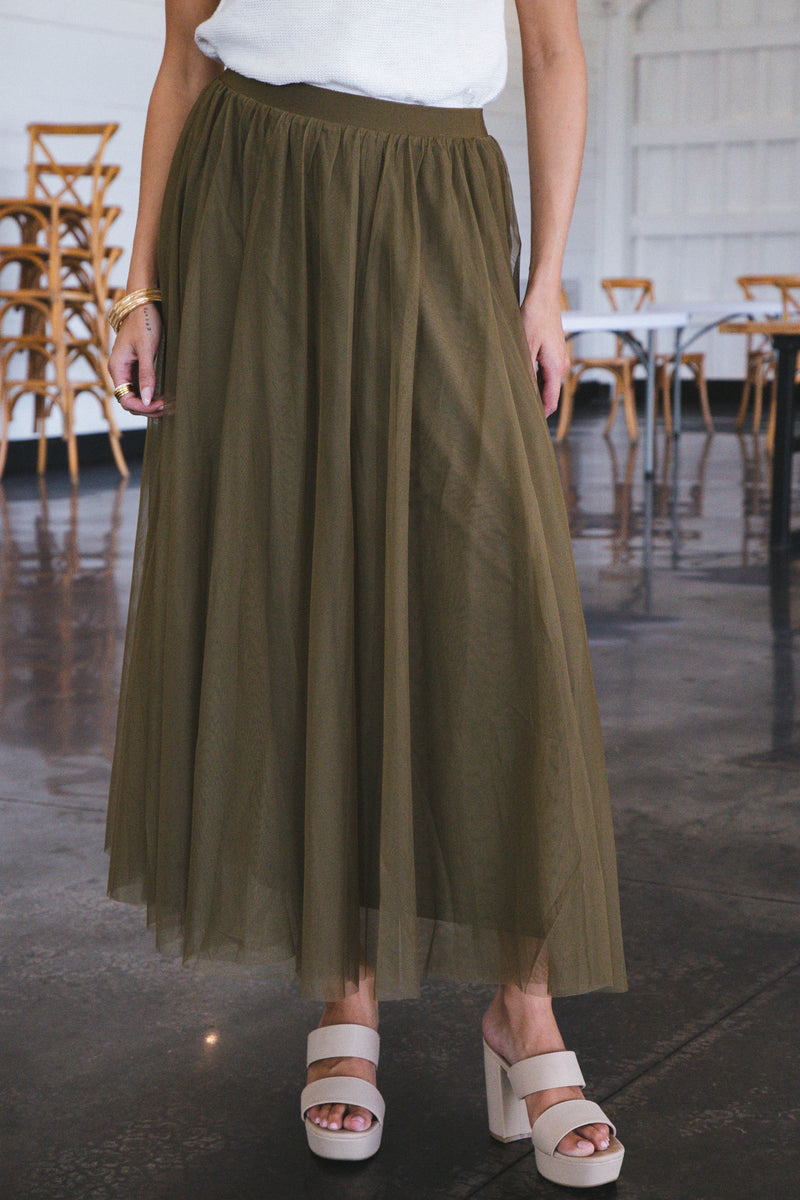 Runaway Tulle Maxi Skirt, Olive