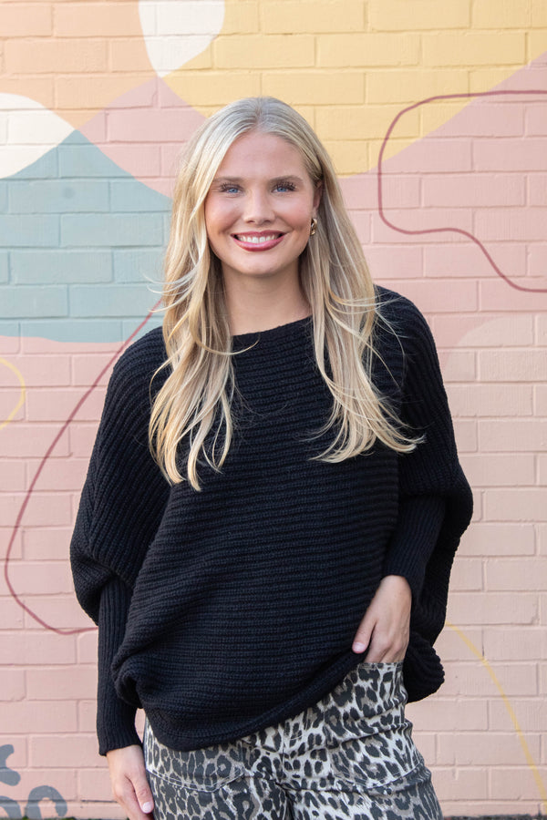 Lily Batwing Boat Neck Sweater, Black