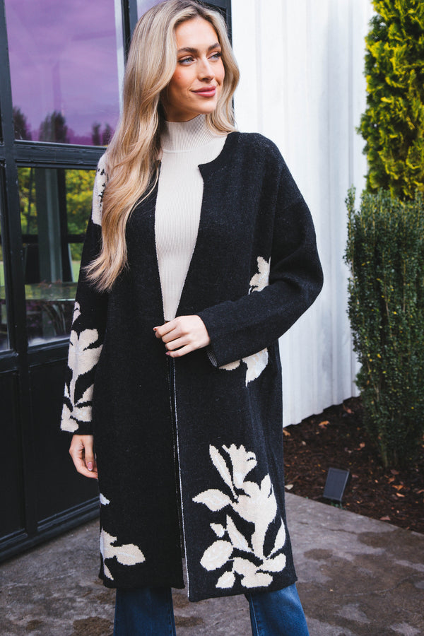 Viola Floral Woven Cardigan, Black