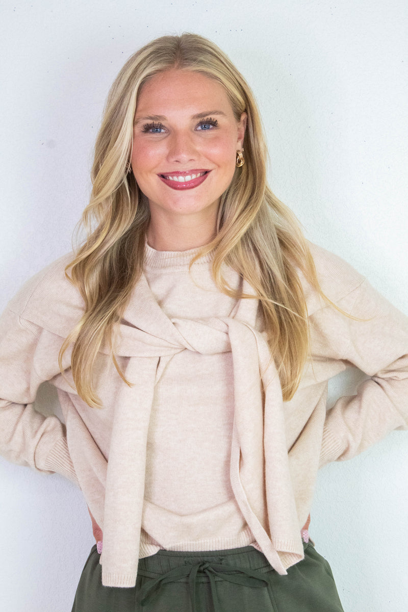 Gloria Scarf Detail Sweater, Light Beige