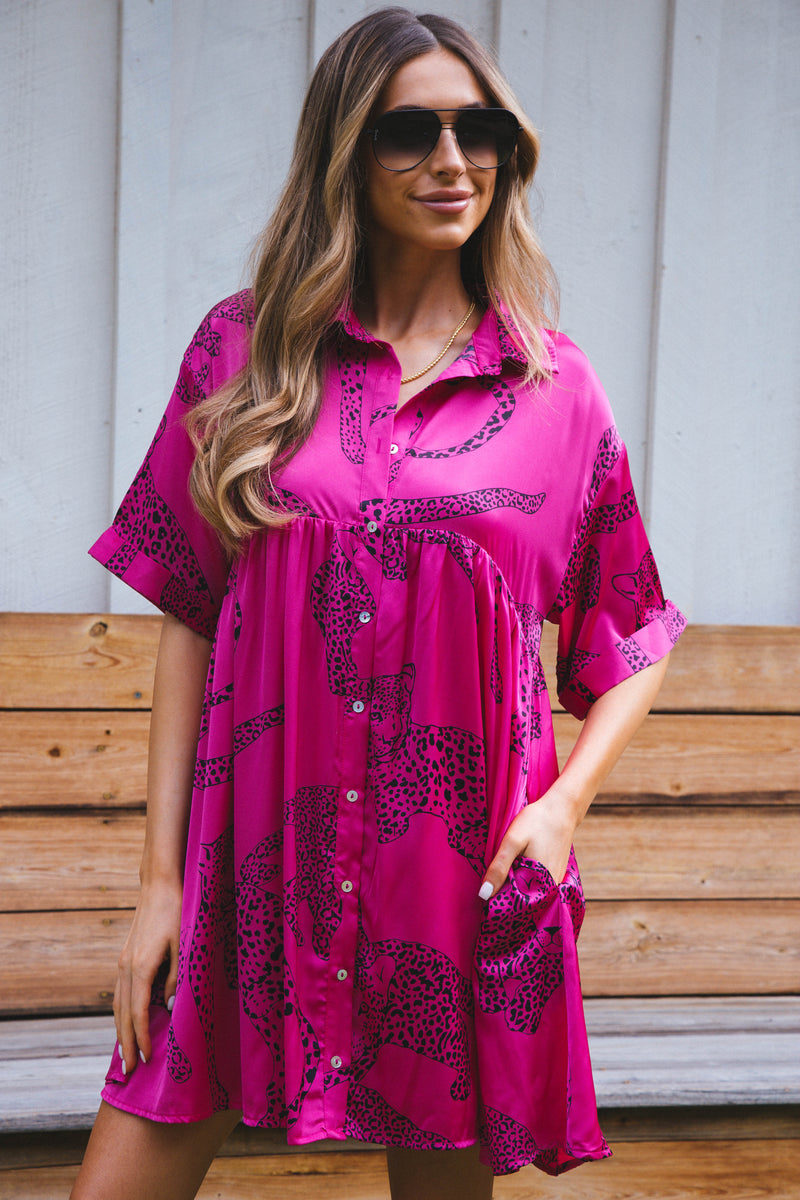 Jada Leopard Satin Dress, Hot Pink | Extended Sizes