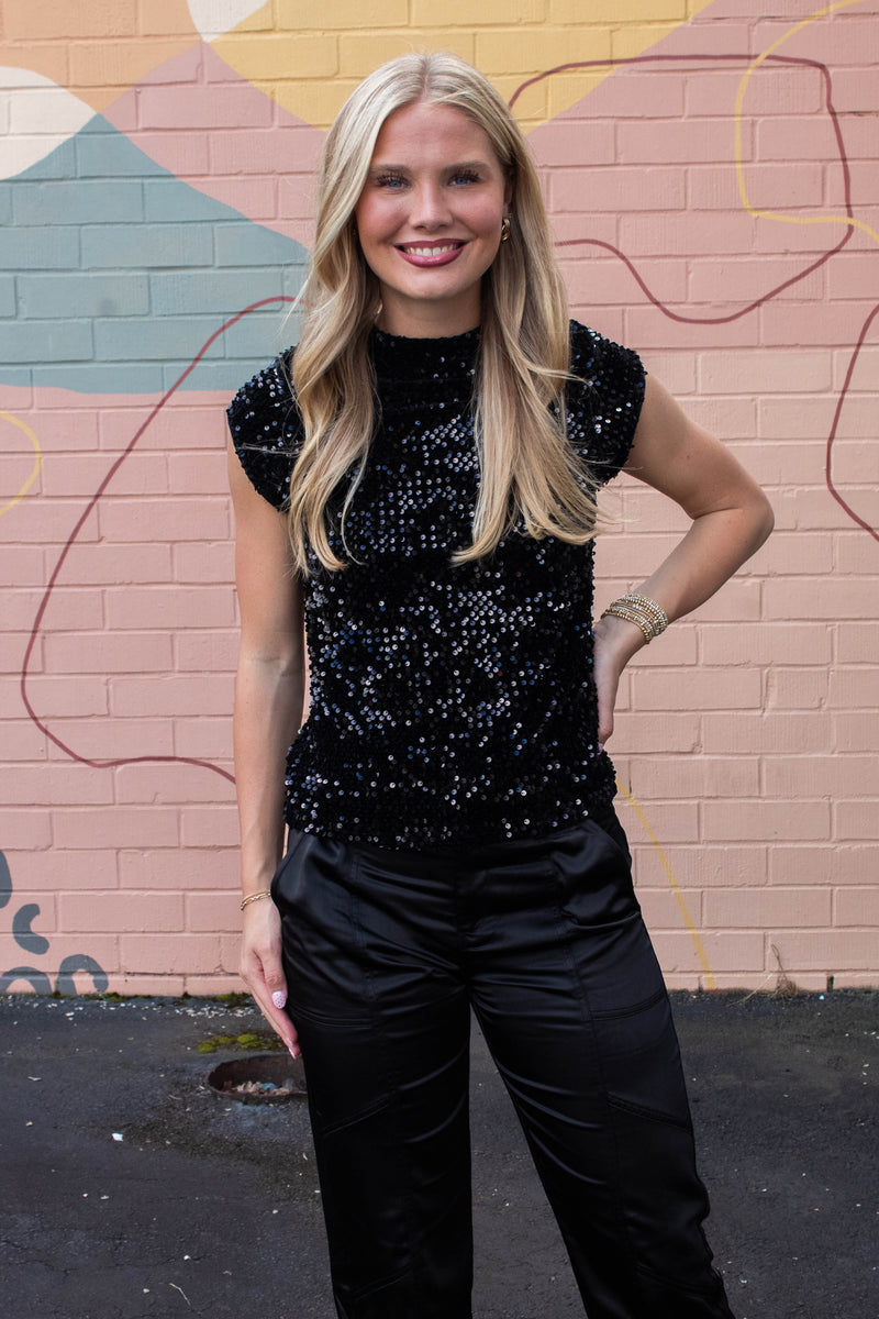 Funnel Neck Sequin Top, Black | Sanctuary