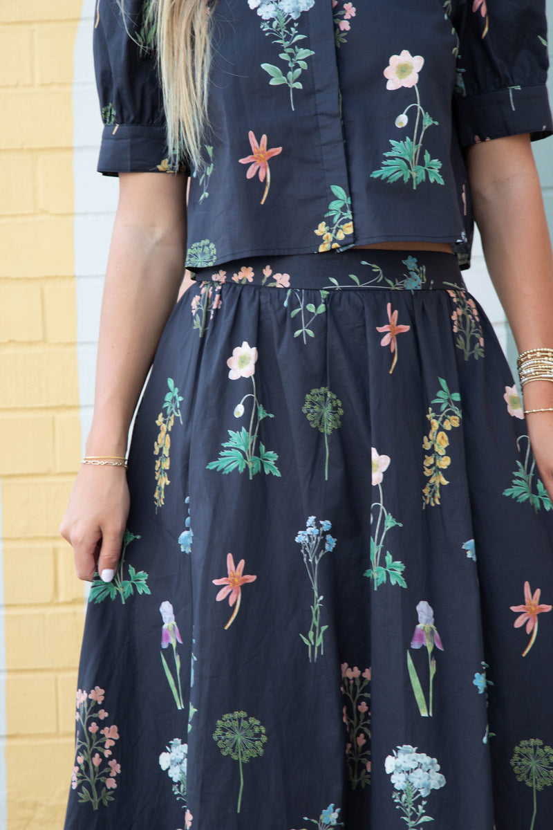 Evelyn Floral Print Midi Skirt, Black