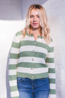 Chrissy Striped Button Up Cardigan Sweater, Green Ivory | Velvet Heart