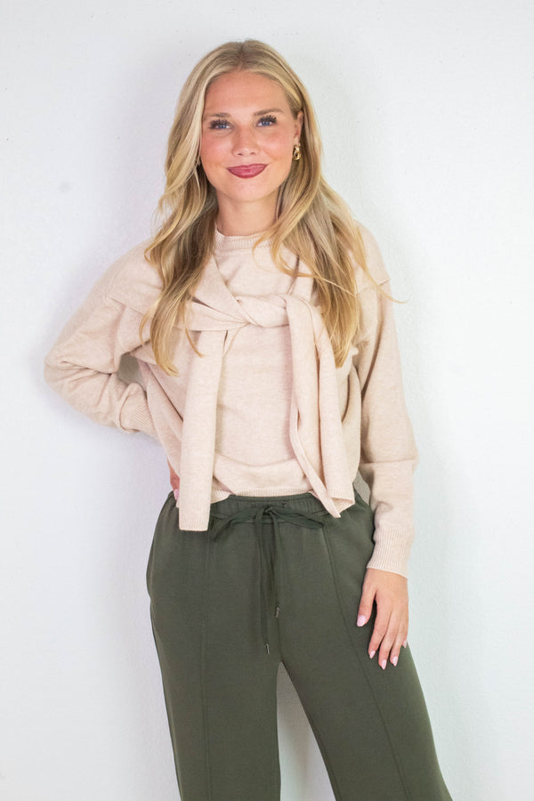 Gloria Scarf Detail Sweater, Light Beige