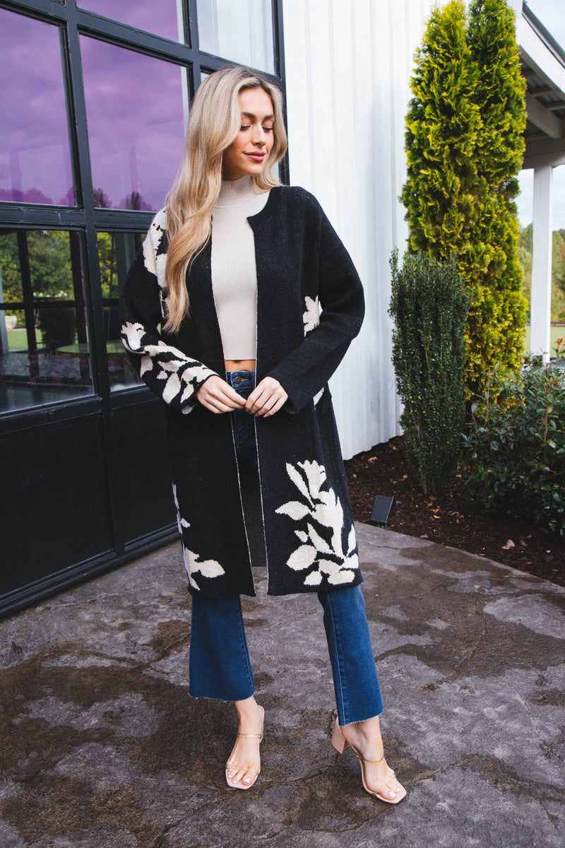 Viola Floral Woven Cardigan, Black