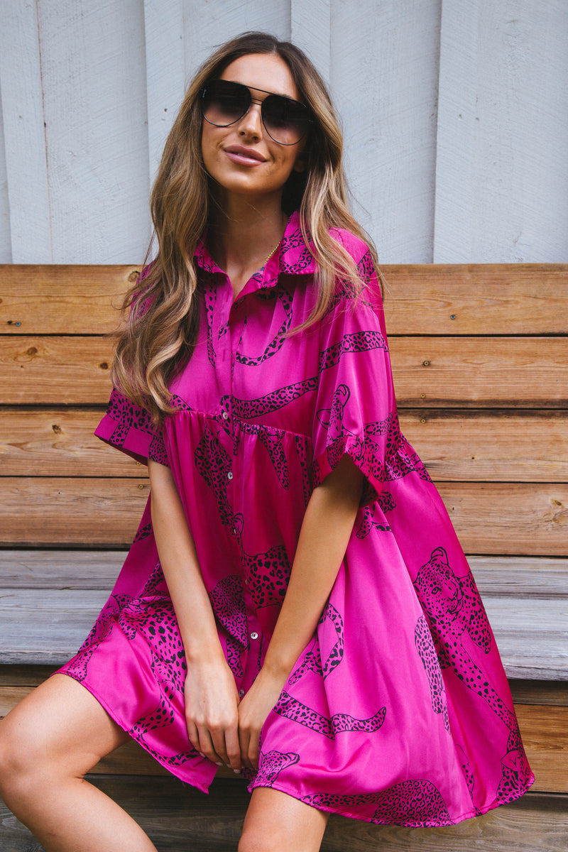 Jada Leopard Satin Dress, Hot Pink | Extended Sizes