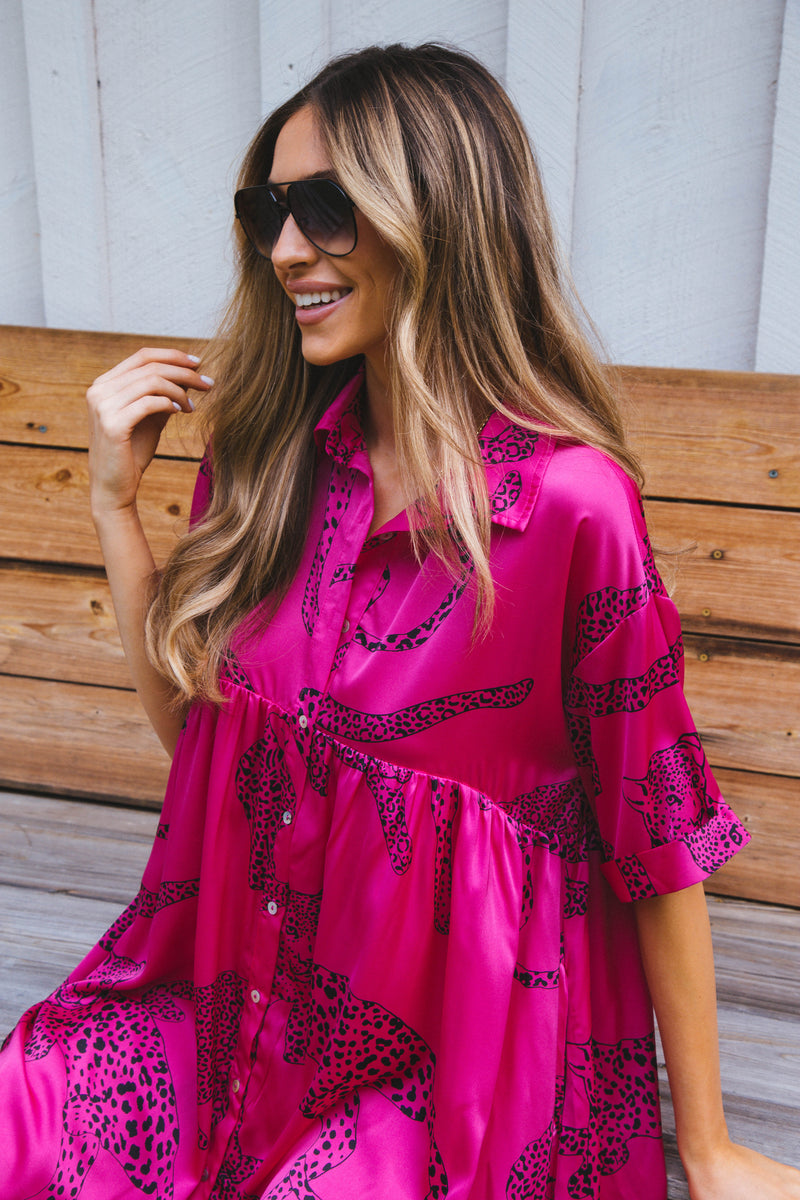 Jada Leopard Satin Dress, Hot Pink | Extended Sizes