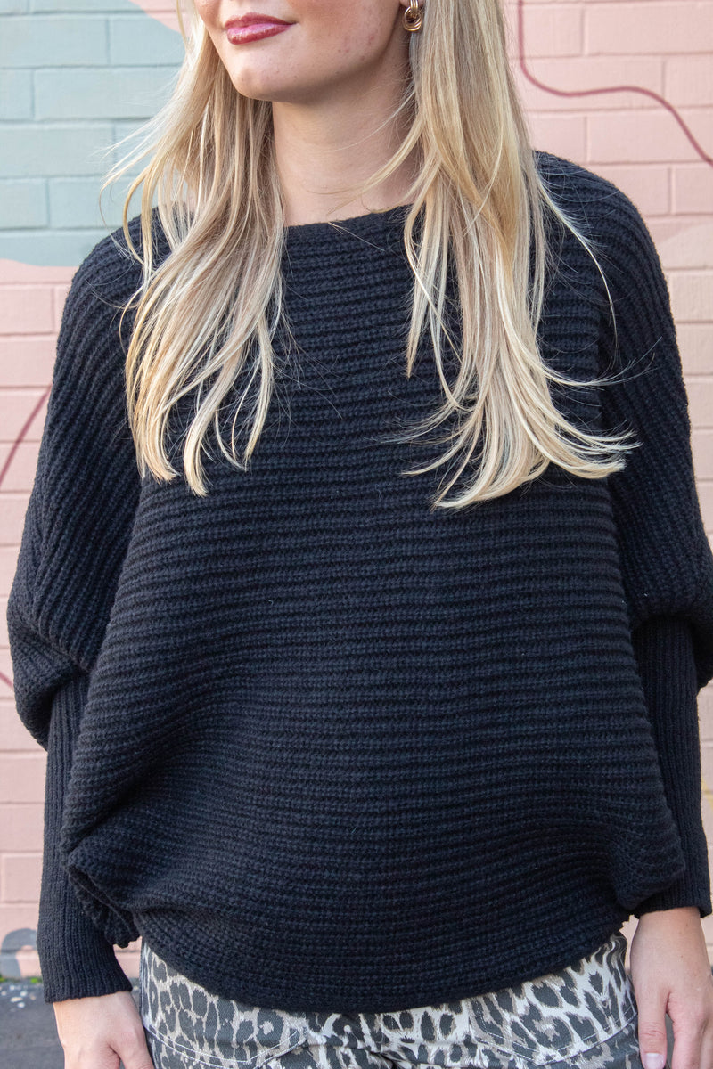 Lily Batwing Boat Neck Sweater, Black
