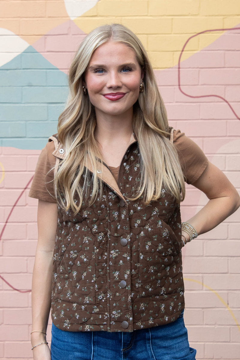 Lia Floral Quilted Puffer Vest, Brown Multi