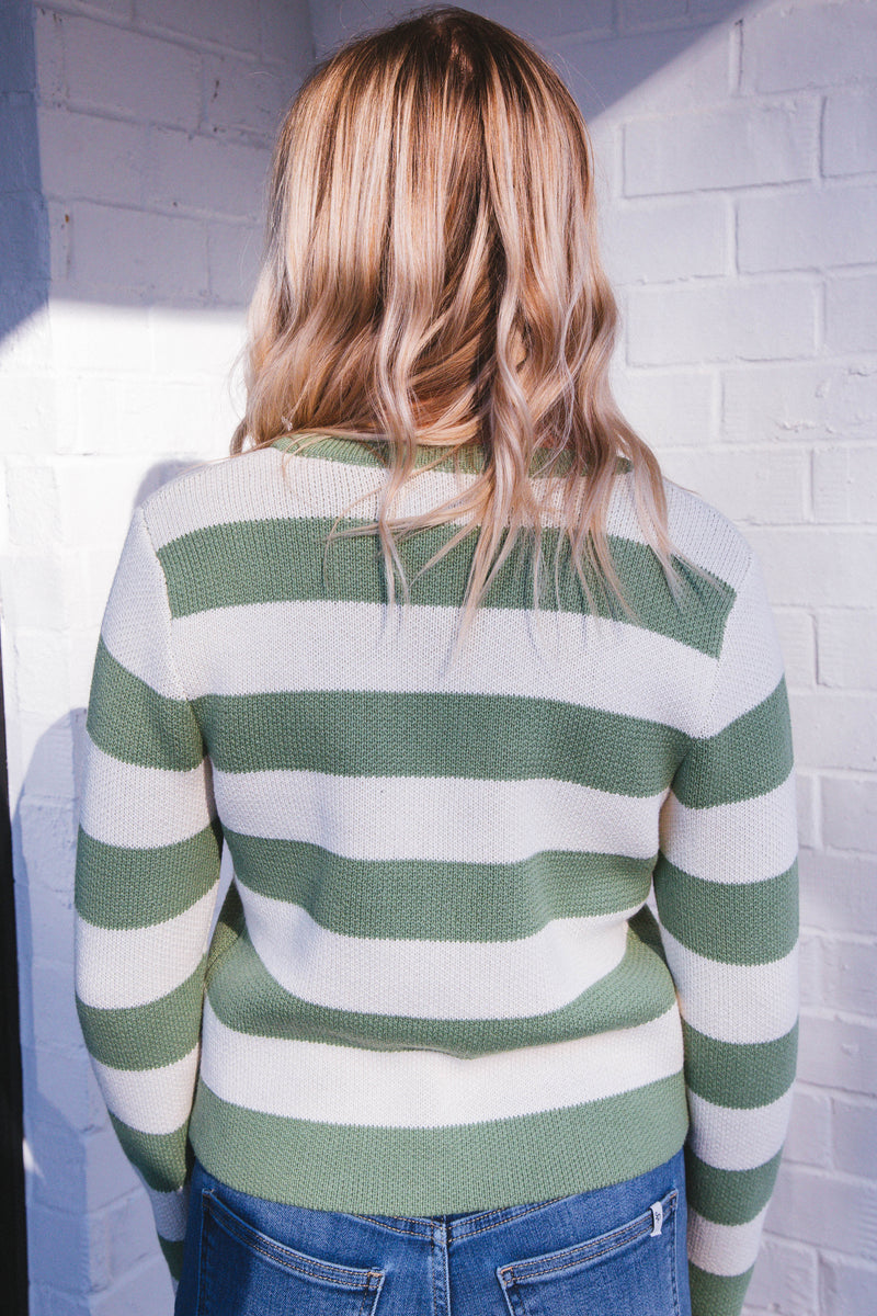 Chrissy Striped Button Up Cardigan Sweater, Green Ivory | Velvet Heart