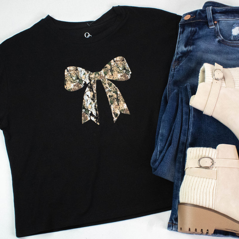 Camo Bow Baby Tee, Washed Black