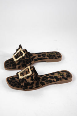 Concept Gold Buckle Slide On Sandal, Leopard Canvas