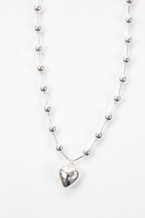 Lyla Puffy Heart Beaded Chain Necklace, Silver