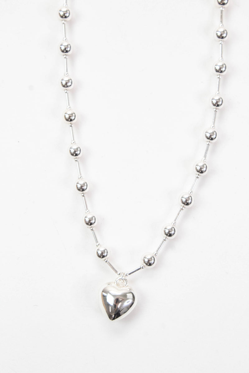 Lyla Puffy Heart Beaded Chain Necklace, Silver