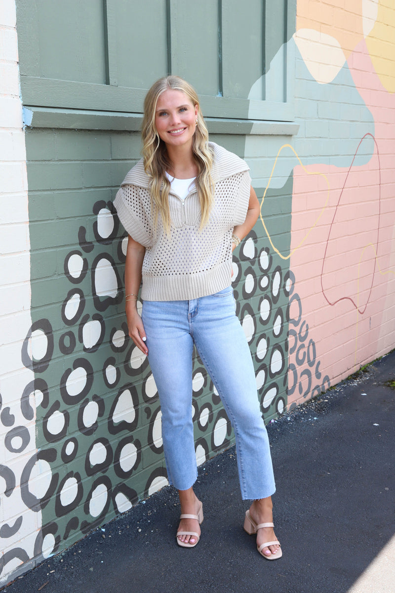 Evangeline Collared Half Zip Sweater Vest, Stone
