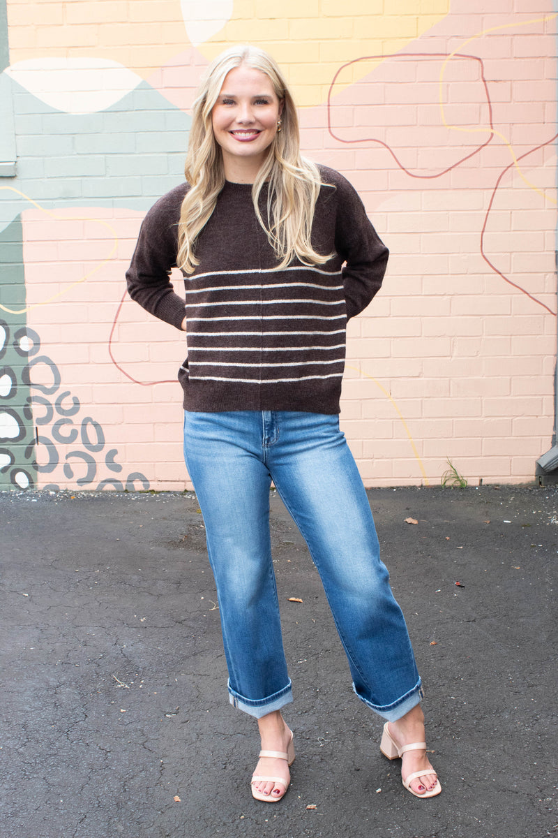 Kyra Striped Seam Detail Sweater, Brown