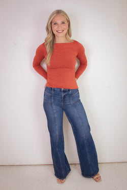 Reeve Boatneck Knit Top, Rust
