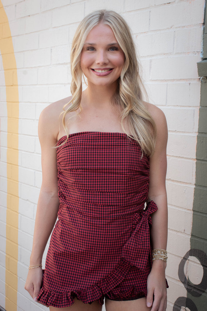 Guinevere Strapless Checkered Romper, Black Red