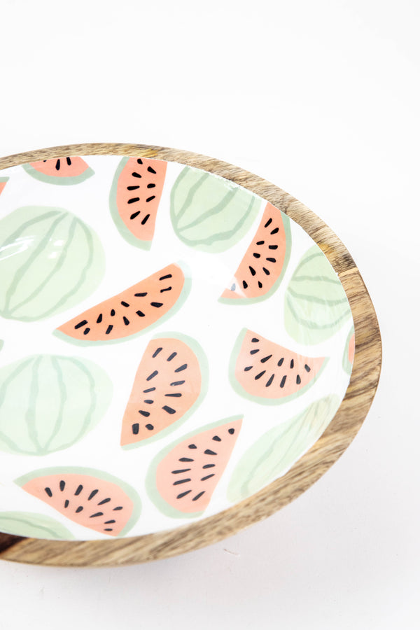 Medium Enameled Mango Wood Bowl, White/Green
