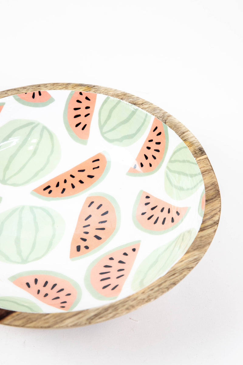Medium Enameled Mango Wood Bowl, White/Green