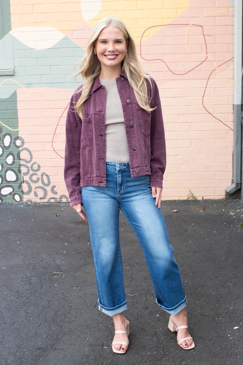 Audrey Button Down Denim Jacket, Cherry Lacquer