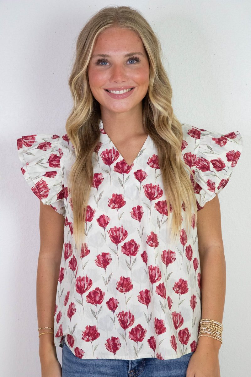 Diana Ruffled Sleeve Floral Top, Red