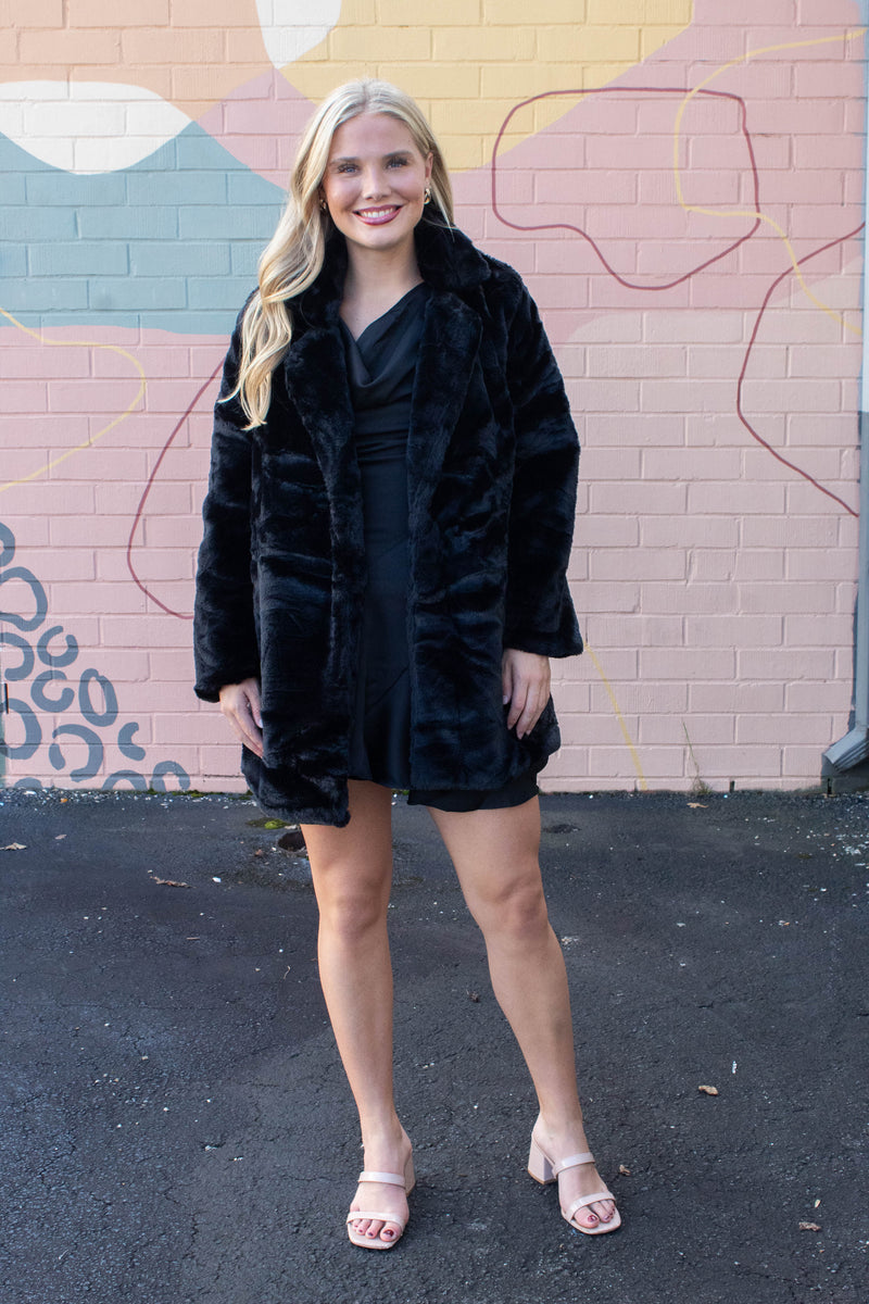 Ayla Faux Fur Collared Long Coat, Black