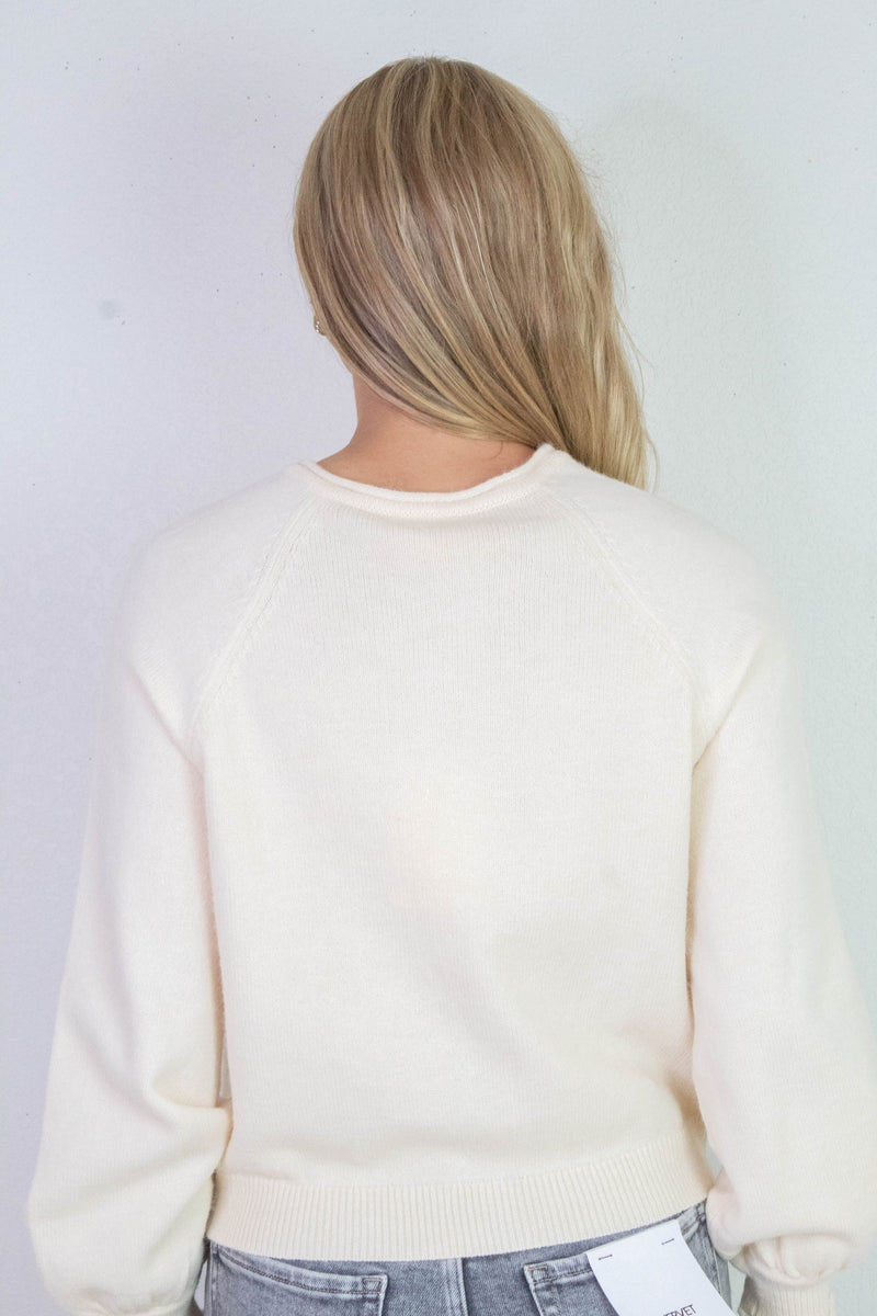 Juliette Rolled Edge Balloon Sleeve Cardigan, Cream