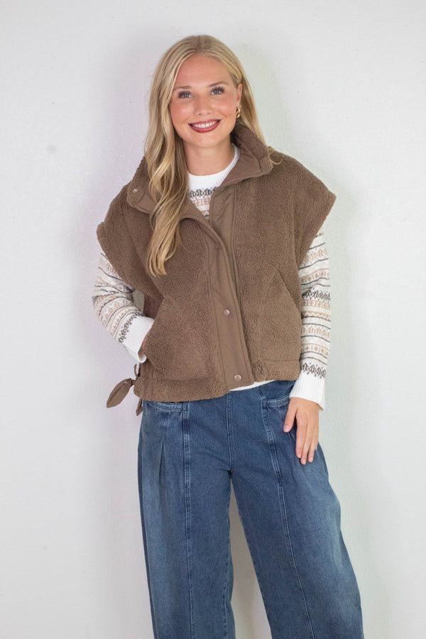 Addison Button Front Faux Fur Vest, Brown