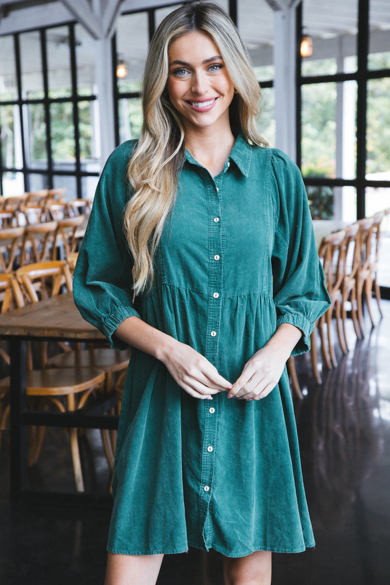 Lassen Corduroy Button Up Dress, Evergreen