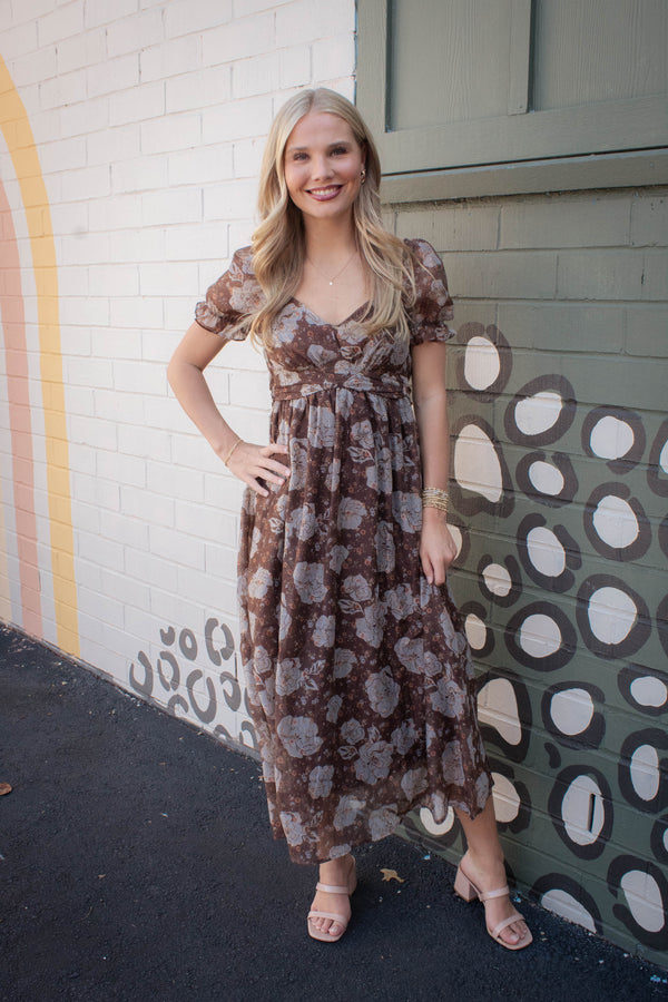 Joy Floral Sweetheart Midi Dress, Brown Multi