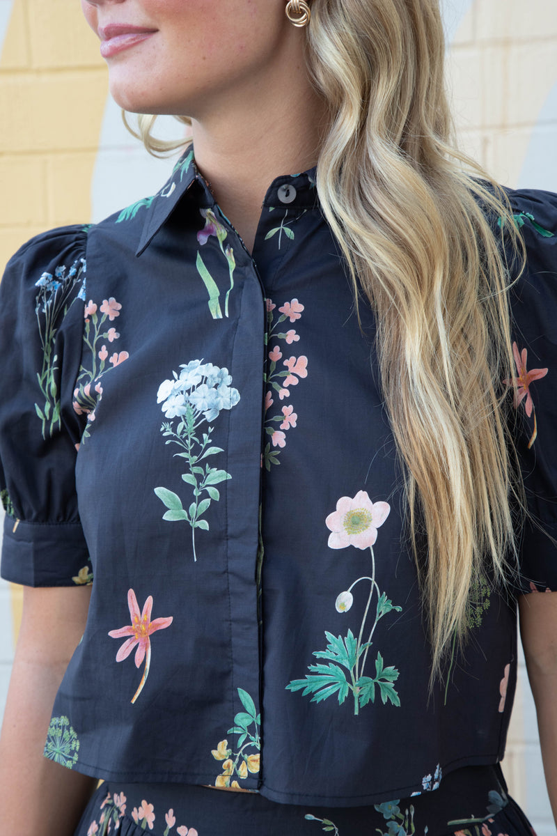 Evelyn Puff Sleeve Floral Print Top, Black