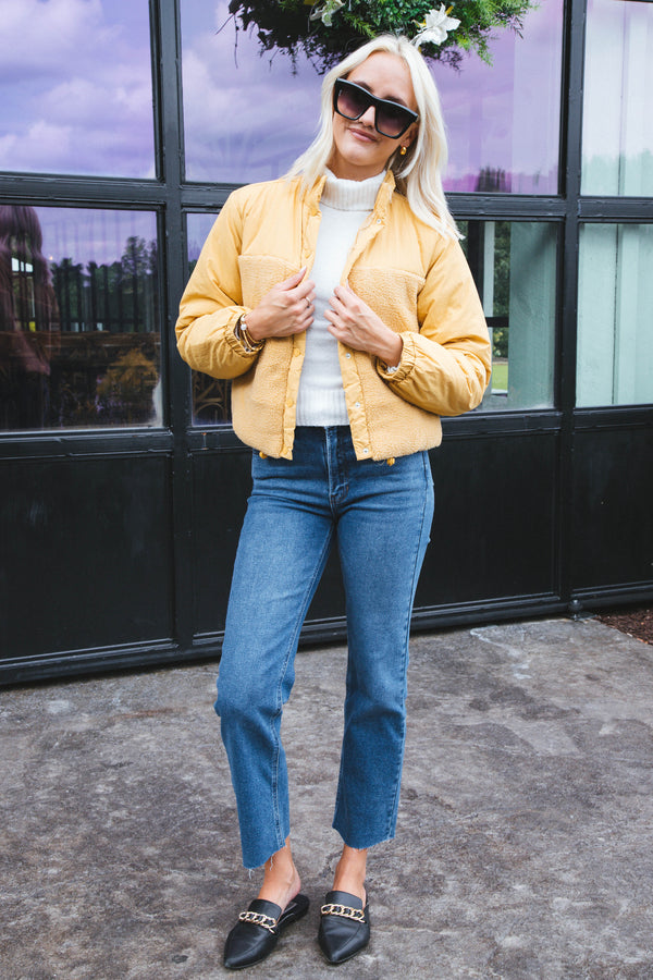 Looked For You Contrast Teddy Jacket, Mustard | Sadie & Sage