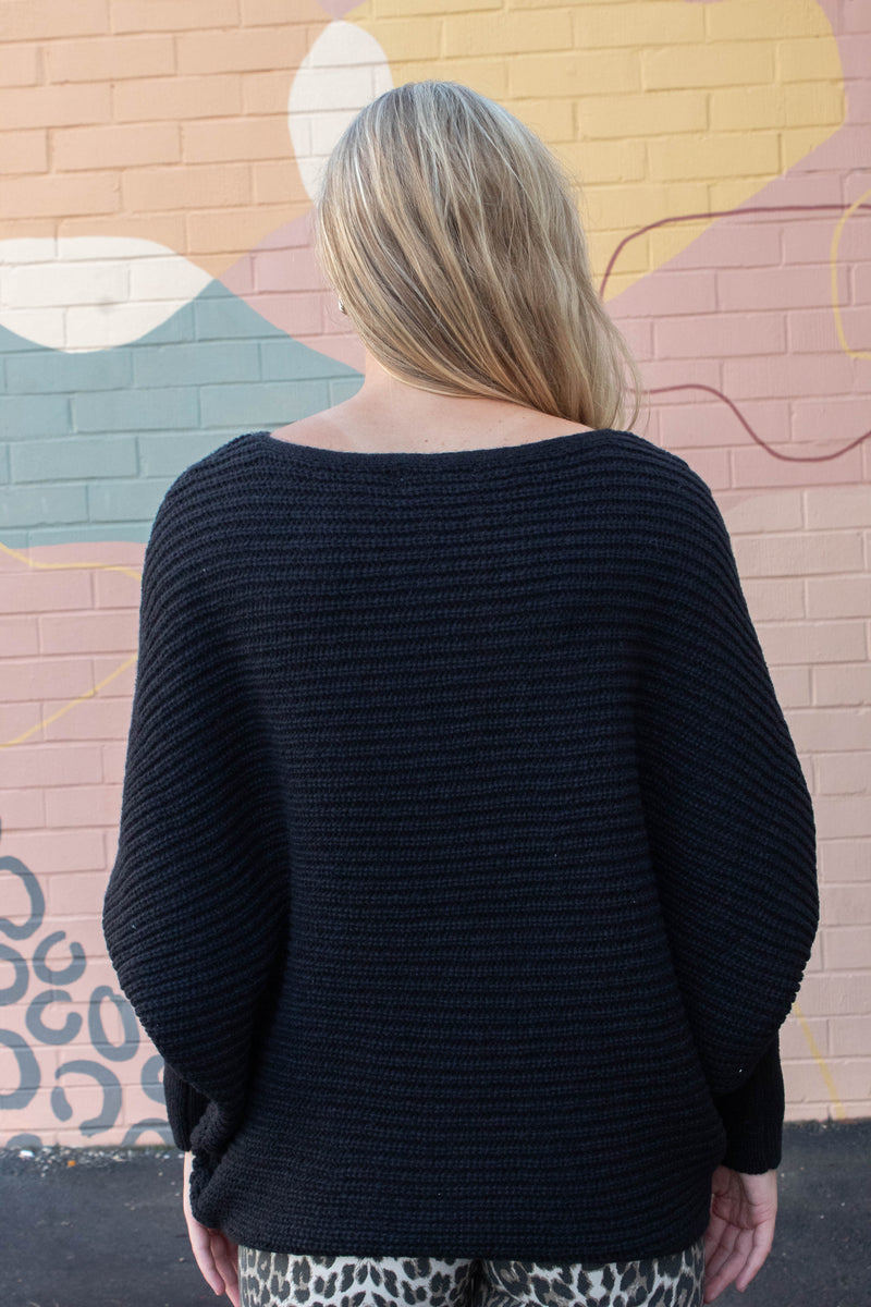 Lily Batwing Boat Neck Sweater, Black