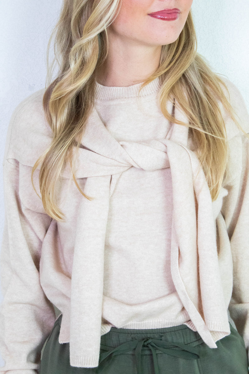 Gloria Scarf Detail Sweater, Light Beige
