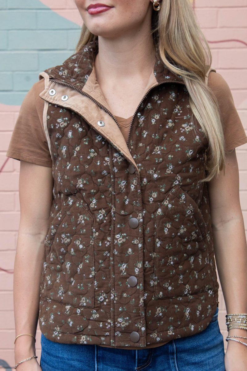 Lia Floral Quilted Puffer Vest, Brown Multi